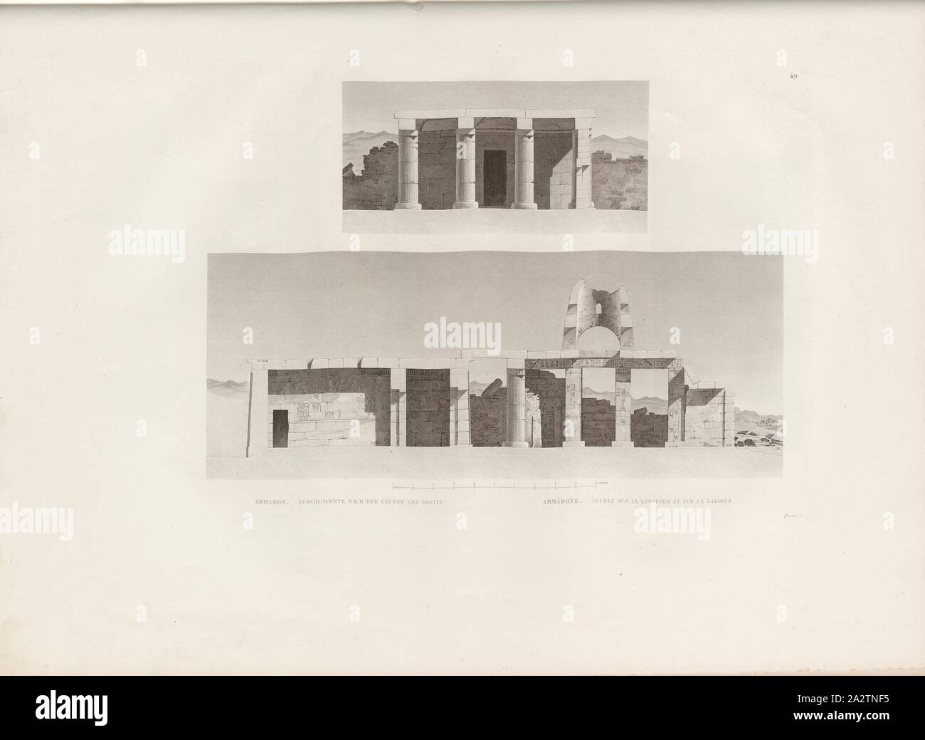 Ammadon. Media in base alla lunghezza e alla larghezza, tempio egizio di Amada, firmato: GV; Dormier sc, Pl. 49, p. 97, Gau, Franz Christian (CANC.); Dormier, Alexandre Charles (sc.), Franz Christian Gau; Barthold Georg Niebuhr: Antiquités de la Nubie: ou monumens inediti des bords du nullo, situés entre la première et la seconde cataracte: ouvrage faisant suite au grand ouvrage de la commissione d'Egypte; dédié au Roi. Stoccarda: aux frais de la Librairie de J. G. Cotta; Parigi: Imprimerie et Librairie de Firmin Didot, MDCCCXXII. [1822 Foto Stock