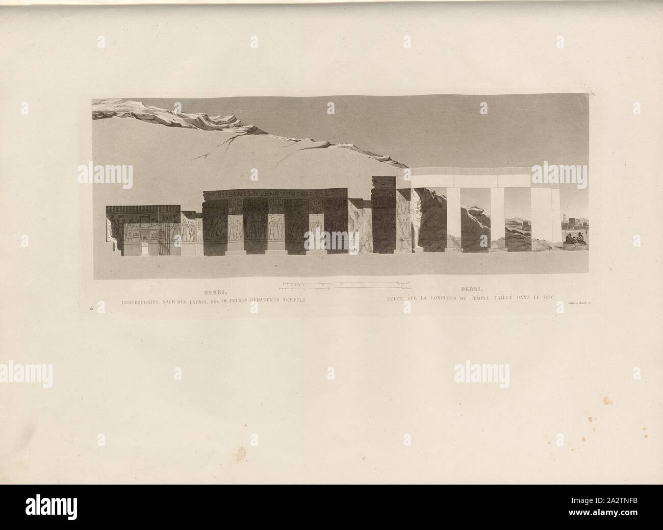Derri, media dopo la lunghezza del rock-conci di tempio, il tempio di el-Derr, firmato: GAV; Sellier et Reville sc, Pl. 52, p. 101, Gau, Franz Christian (CANC.); Sellier (sc.); Réville (sc.), Franz Christian Gau; Barthold Georg Niebuhr: Antiquités de la Nubie: ou monumens inediti des bords du nullo, situés entre la première et la seconde cataracte: ouvrage faisant suite au grand ouvrage de la commissione d'Egypte; dédié au Roi. Stoccarda: aux frais de la Librairie de J. G. Cotta; Parigi: Imprimerie et Librairie de Firmin Didot, MDCCCXXII. [1822 Foto Stock