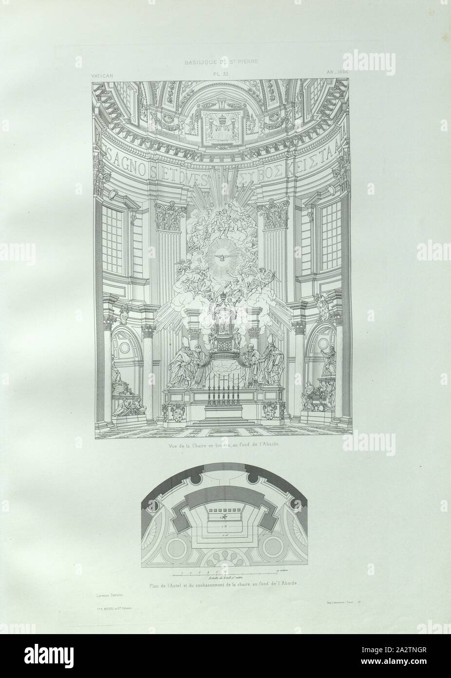 Vista del pulpito di bronzo al fondo dell'abside; Piano d'altare ed il bacino del pulpito in corrispondenza del fondo dell'Abside, illustrazione dell'altare nella Basilica di San Pietro dal XVII secolo, firmato: Lorenzo Bernini, Pl. 33, S. 99, Bernini, Lorenzo, 1882, Paul Marie LeTarouilly: Le Vaticano et la Basilique de Saint-Pierre de Roma. Parigi: Vve A. Maurel et Cie., Editeurs, 1882 Foto Stock