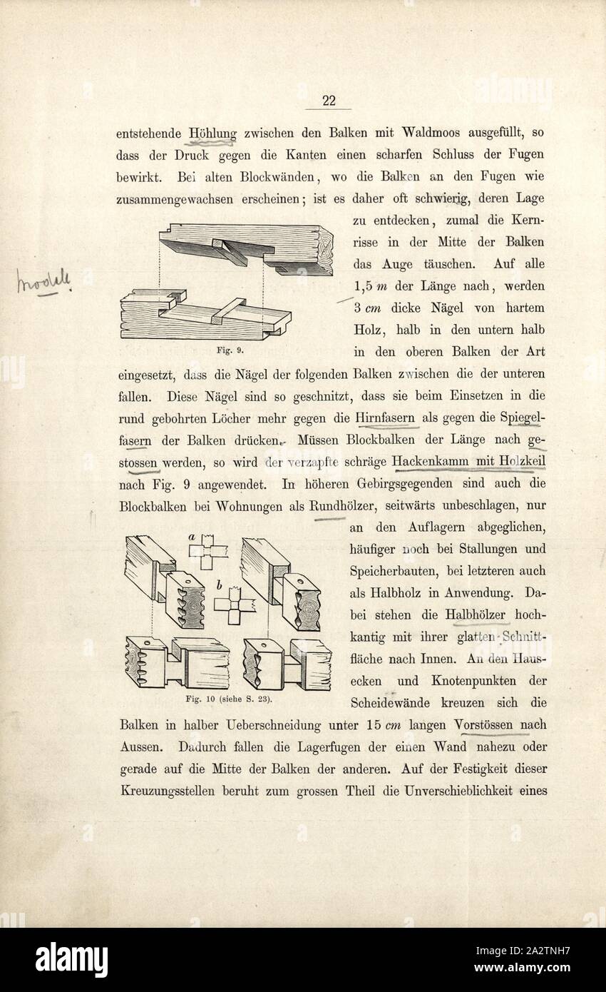 I metodi di fissaggio per travi in legno in costruzione casa 1, Fig. 9: Hackenkamm con cuneo in legno, Fig. 10: Rappresentanza della scanalatura di intersezione delle travi, p. 22, 1885, Ernst Gladbach: Die Holz-Architectur der Schweiz, 2. Aufl. Zurigo e Lipsia: Orell Füssli, 1885 Foto Stock