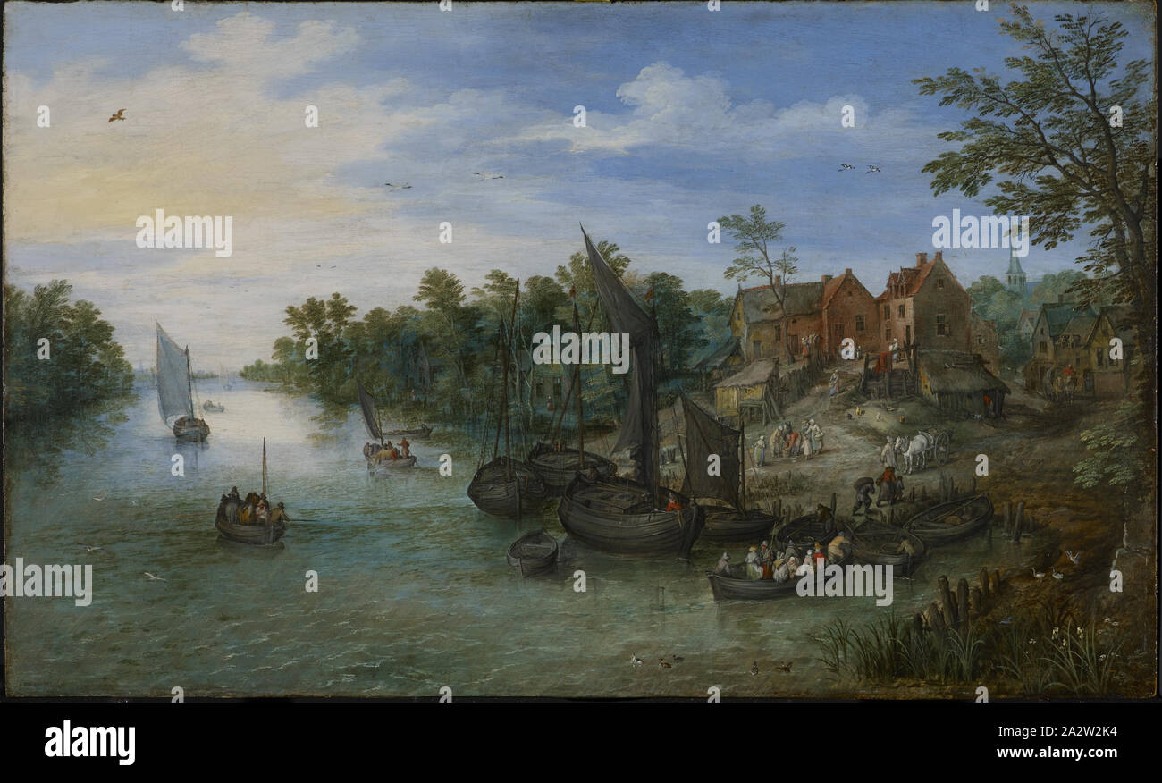 Paesaggio fluviale, Jan Brueghel il Vecchio (fiammingo, 1568-1625), 1612, olio su pannello, 15 x 24 in. (Pannello) circa 21-1/2 x 31 x 2-3/4 in. (Incorniciato), unione di pittura e scultura prima del 1800 Foto Stock