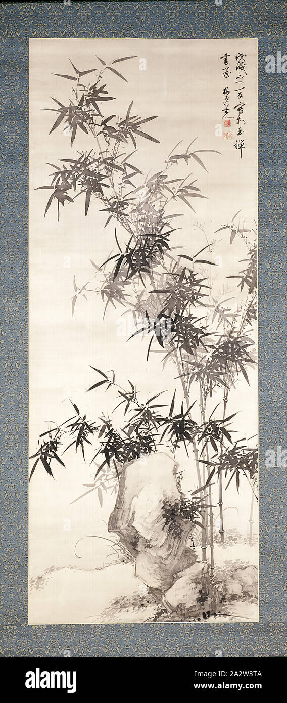 Untitled, Yamamoto Baiitsu 山本梅逸 (giapponese, 1783-1856), Edo, 1838, inchiostro su seta, 52-1/8 x 20-3/8 in. (Immagine) 79-5/16 x 28-1/2 in. (Montaggio w/ KOSS) 79-5/16 x 26-3/16 in. Montaggio (w/o manopole, 1) firmata: "Estate 1838 [tsuchinoe-inu], dipinta a Gyokuzen studio di pittura. Baiitsu Ryō 戊戌之夏寫於玉禅書屋 梅逸亮, 2) ad intaglio quadrato guarnizione: Yamamoto Ryō in 山本亮印 3) quadrata guarnizione della valvola di sicurezza: Meikei 明卿, altro titolo, bambù e rocce, Arte Asiatica Foto Stock
