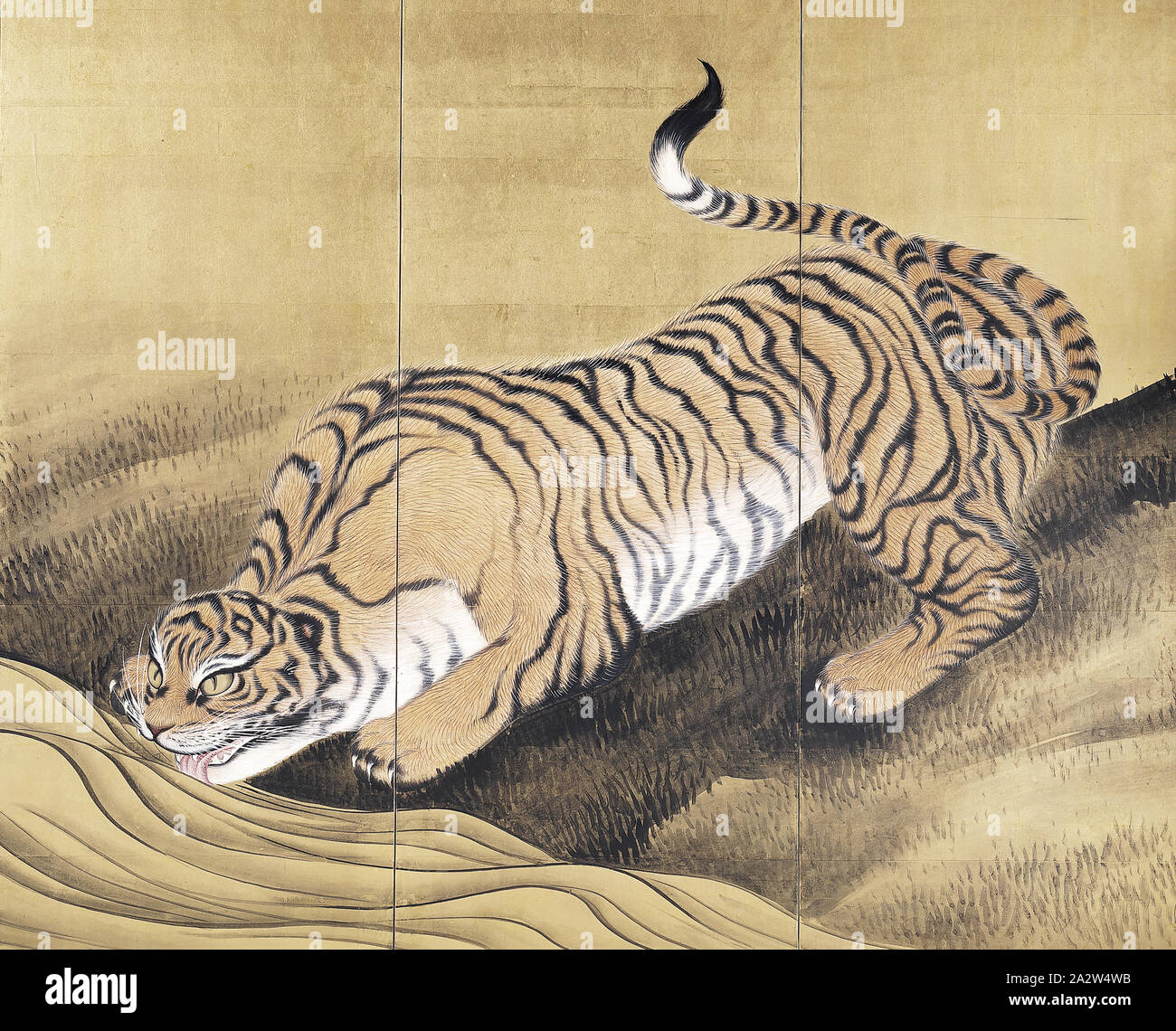 Le tigri in un paesaggio, Kunii Ōbun (giapponese, 1833-1887), Meiji, 1884, inchiostro e colore su foglia oro, 67 x 142-5/16 a. (Overalll), Arte Asiatica Foto Stock