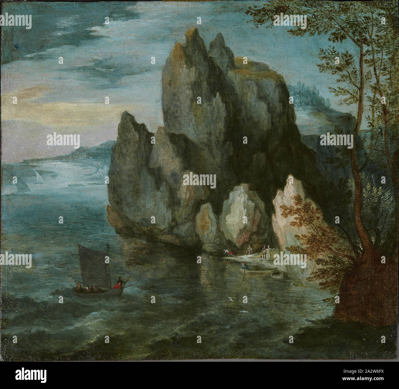 Seascape con un alta rupe, Jan Brueghel il Vecchio (fiammingo, 1568-1625), circa 1591, olio su rame, 4 x 4-1/2 in. (Senza cornice) 7-1/4 x 7-3/4 x 1-1/4 in. (Incorniciato), unione di pittura e scultura prima del 1800 Foto Stock