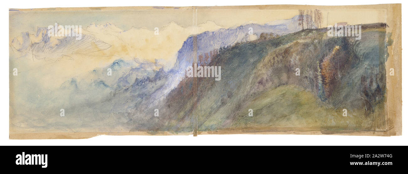 Oberland Bernese, John Ruskin (British, 1819-1900), 1866, acquerello su matita su carta bianco sporco, 5-1/2 x 17-3/8 in. (Foglio) 6 x 18 in. (Mount Foto Stock
