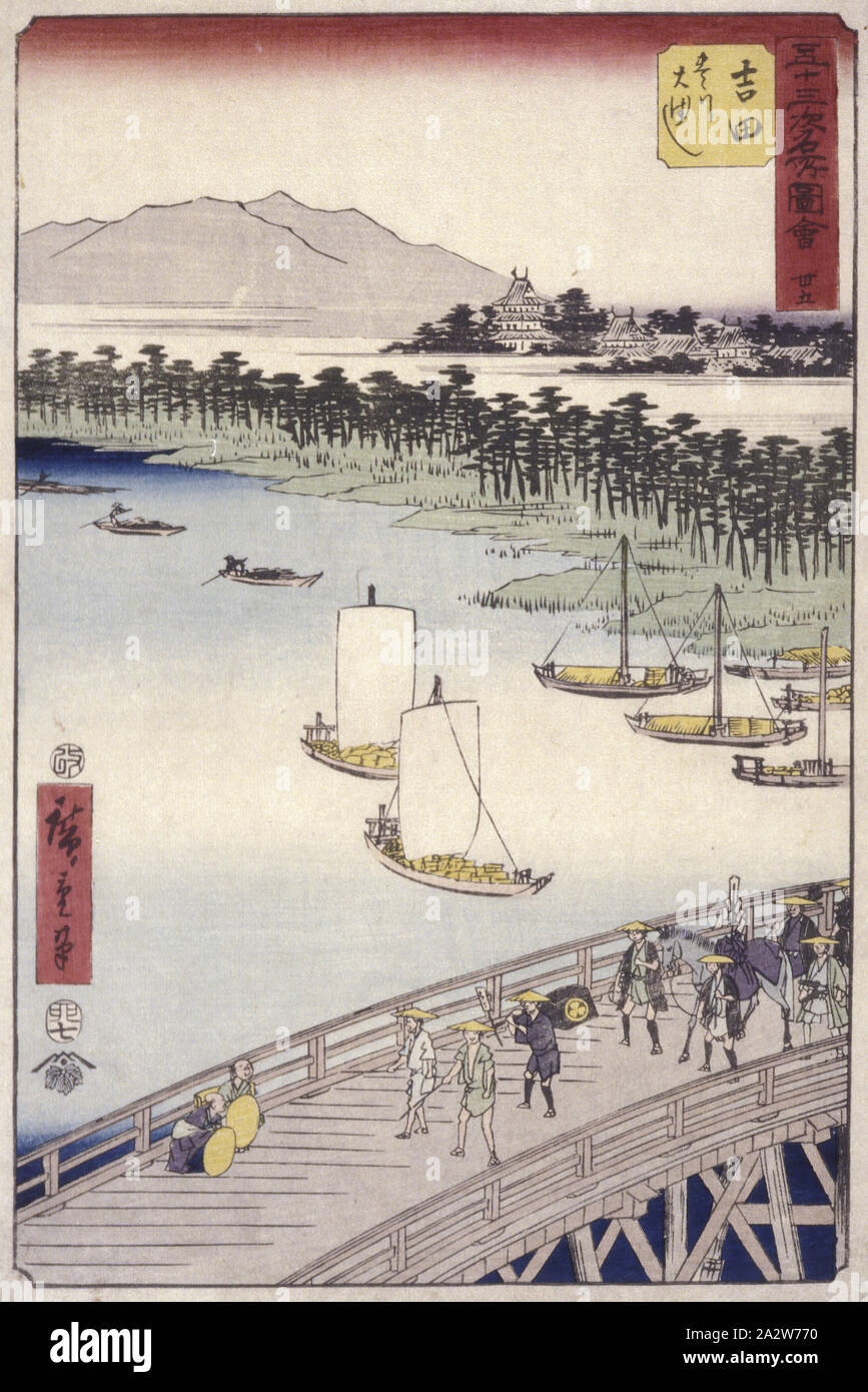 La stazione 35, Yoshida; Kyoka serie Tokaido, Utagawa Hiroshige 歌川広重 (giapponese, 1797-1858), 1855, inchiostro su carta, colore woodblock stampa, nessuna misurazione dettagli., Arte Asiatica Foto Stock