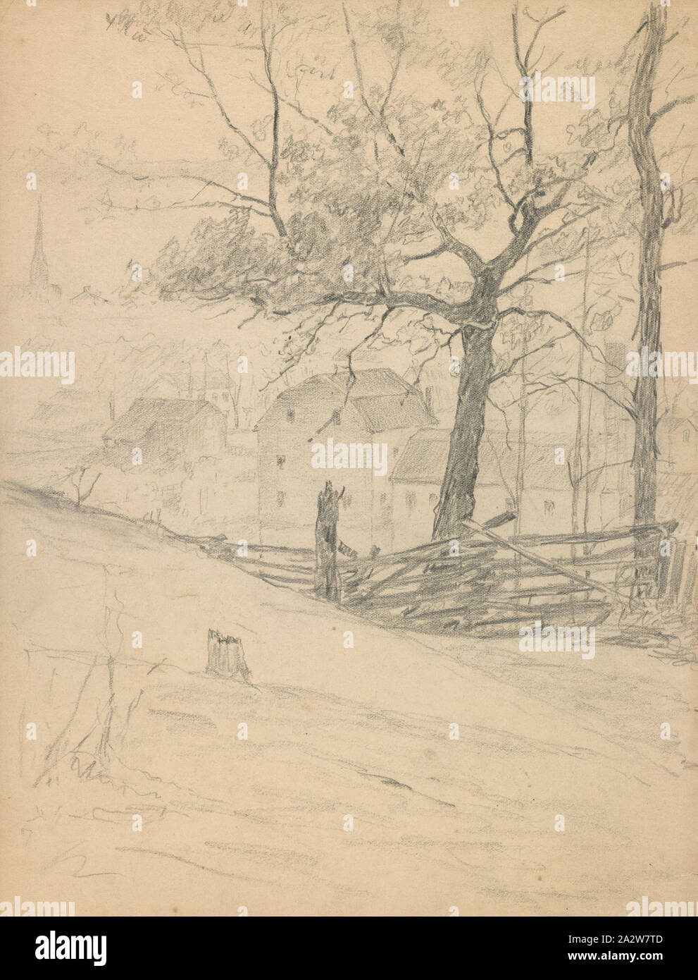 Studio per i vecchi mulini a Brookville, John Ottis Adams (American, 1851-1927), 1900, matita su off-white paper, 9 x 11-7/8 in. (Foglio) 20-1/4 x 15-1/4 x 1 in. (Incorniciato Foto Stock