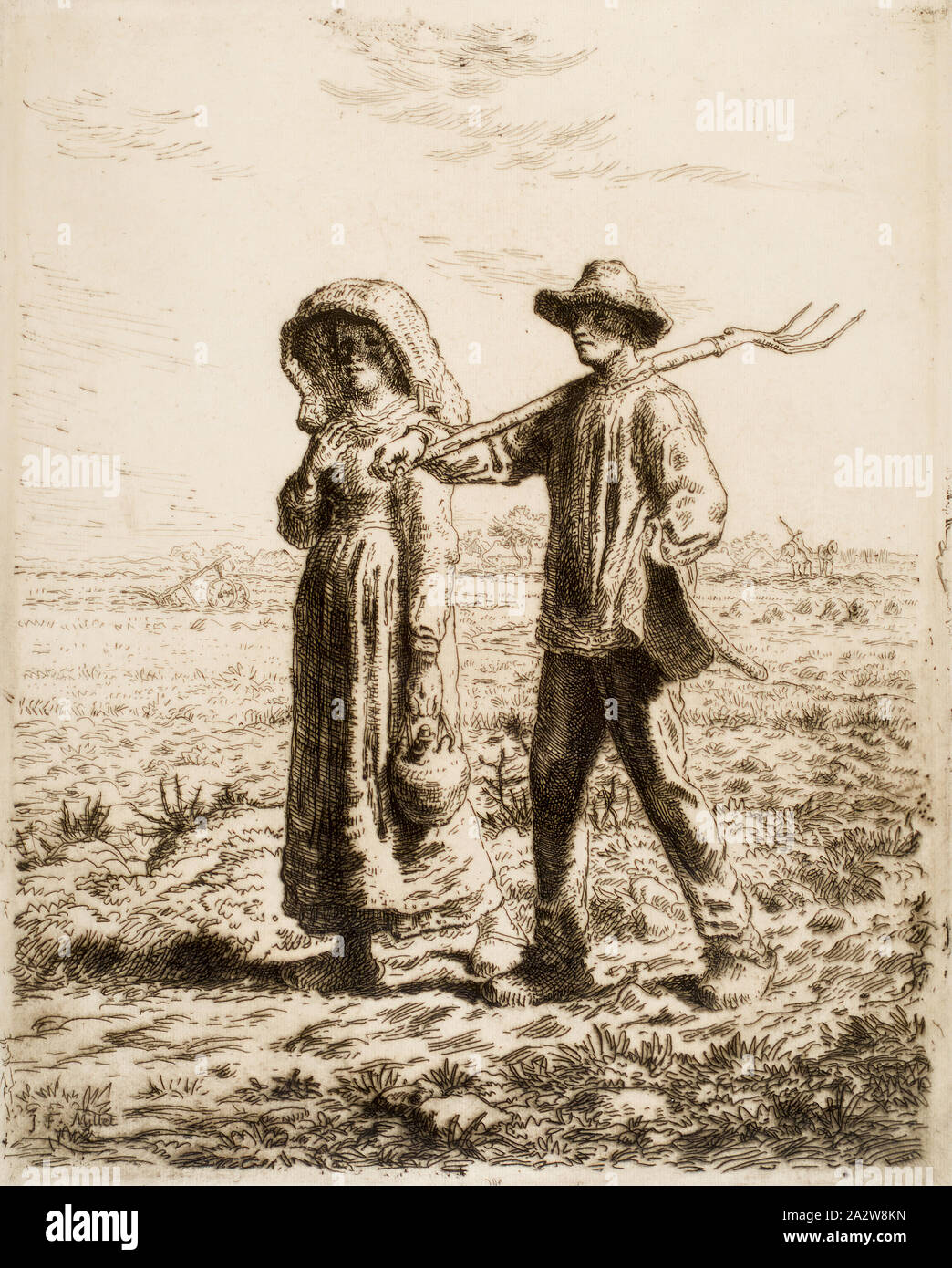 Le Départ pour le travail (andando al lavoro), Jean-François Millet (Francese, 1814-1875), 1863, attacco, 15-1/8 x 12-1/8 in. (Immagine) 17 x 13-3/4 in. (Foglio), firmato Foto Stock