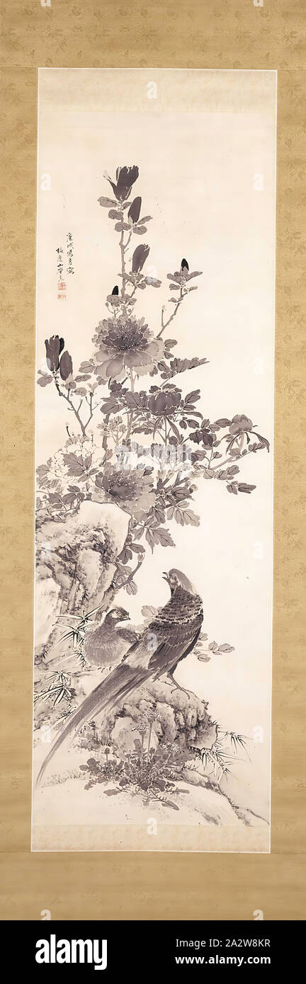 Peonie e Golden fagiani, Yamamoto Baiitsu 山本梅逸 (giapponese, 1783-1856), Edo, 1850, inchiostro su seta, 50-1/8 x 16-1/4 in. (Immagine) 80-3/4 x 24-3/4 in. (Generale), firmato: Baiitsu Yamamoto Ryo Guarnizione: Yamamoto Ryo Guarnizione: Meikei, Arte Asiatica Foto Stock