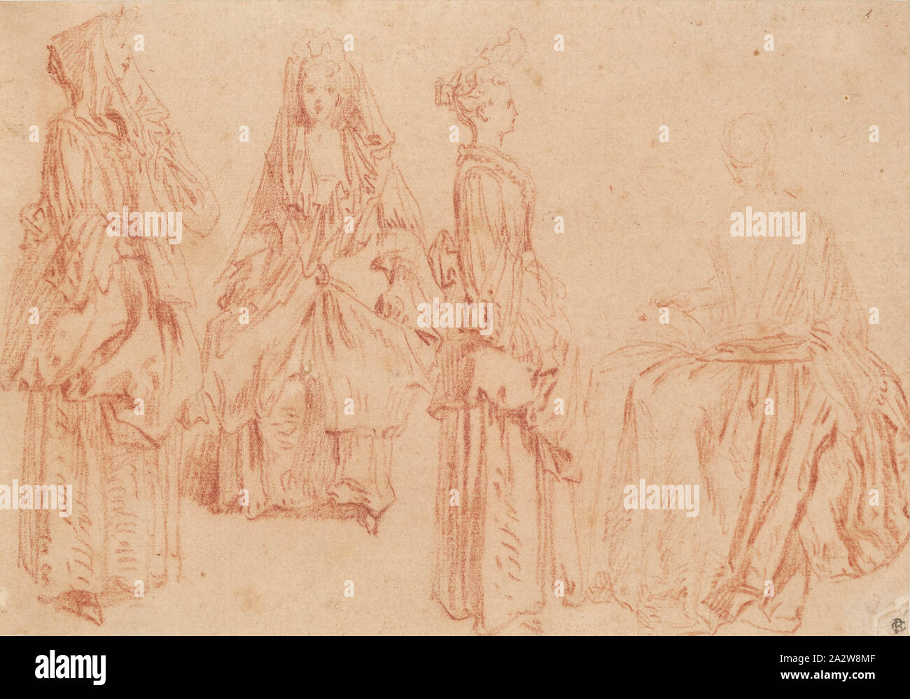 Quattro signore, Jean-Antoine Watteau (Francese, 1684-1721), circa 1710, gesso rosso (sanguine) su carta, 5-11/16 x 8-1/16 in. (Immagine) 6 x 9 in. (Foglio) 17-7/8 x 20-7/8 x 1-1/8 in. (Incorniciato), iscritto: Rettore, angolo inferiore destro: {possibile iniziali Foto Stock