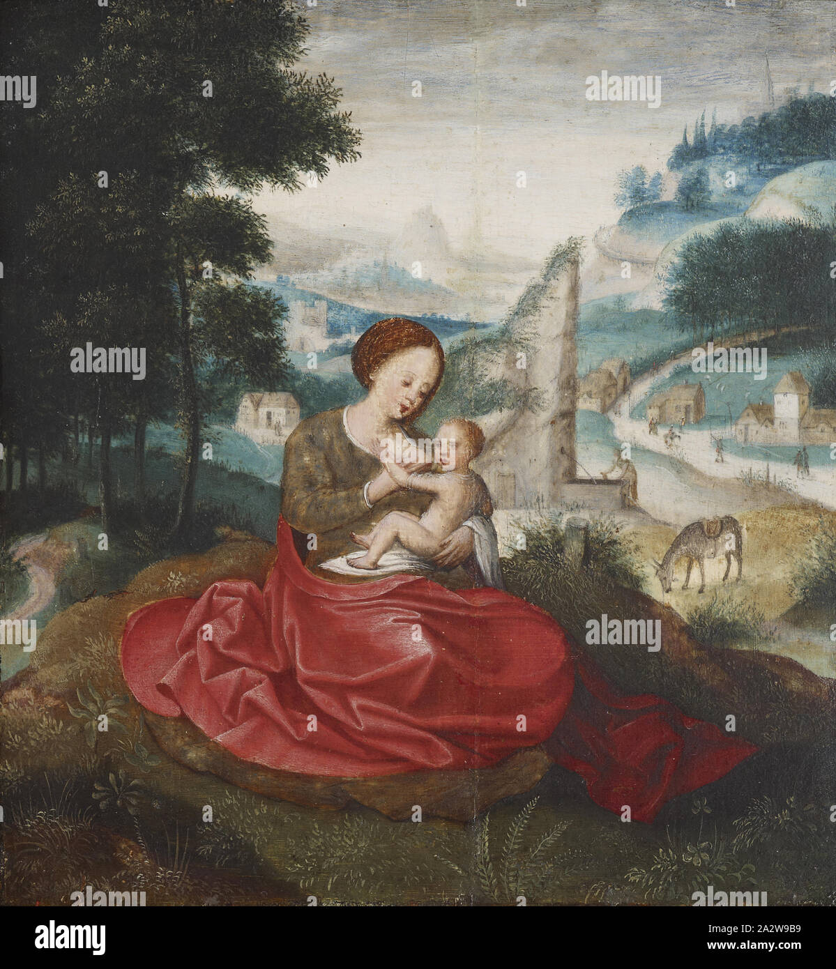 Resto sulla fuga in Egitto, seguace di Adriaen Isenbrandt (fiammingo, 1490-1551), XVI secolo, olio su pannello, 8 x 7 in. (Pannello), unione di pittura e scultura prima del 1800 Foto Stock