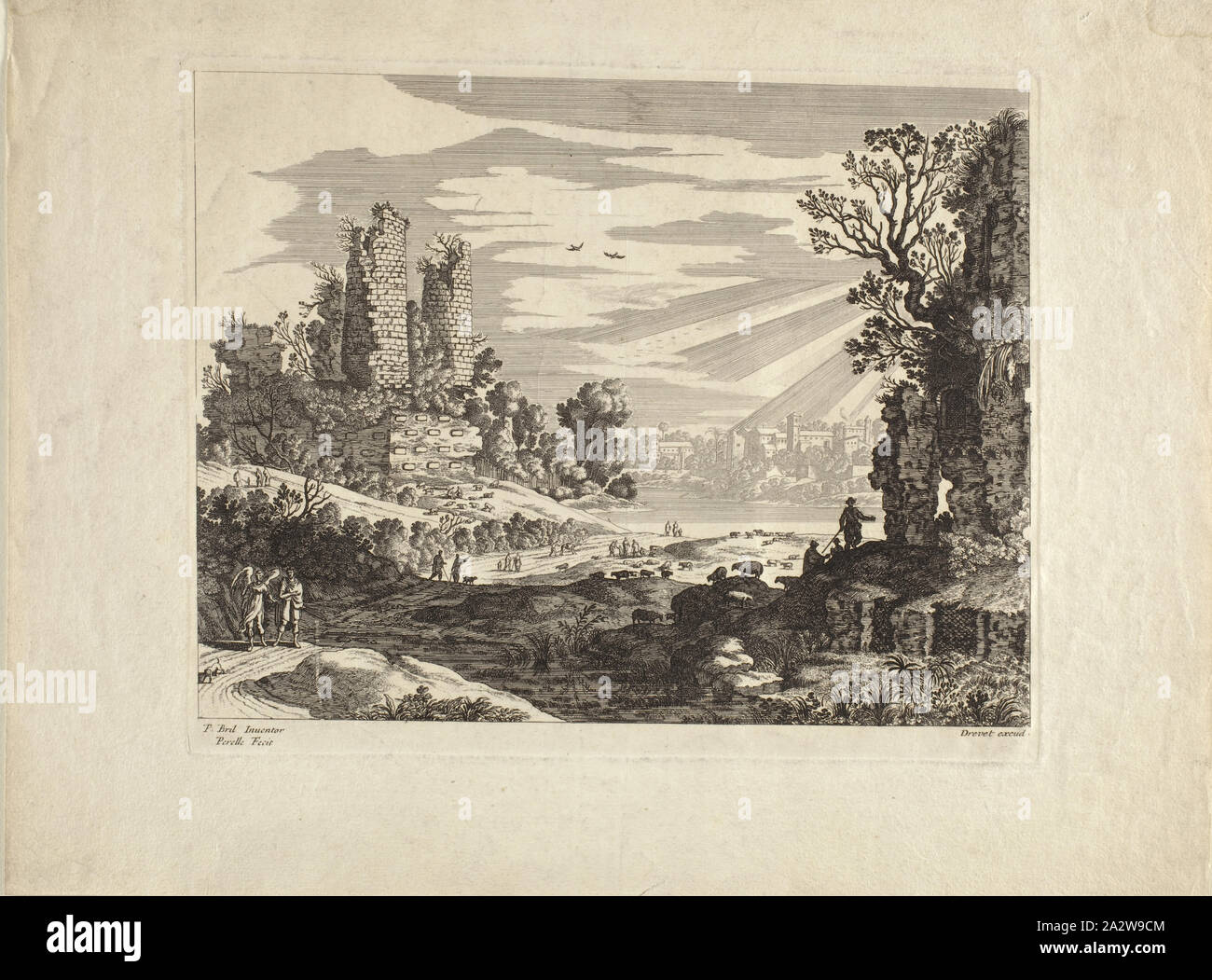 Paesaggio con figure, Adam Perelle (Francese), dopo Paul Bril (fiammingo, 1554-1626), secolo XVII, inchiostro su carta, incisione, 9-1/8 x 11-3/4 in. (Immagine) 13 x 17 in. (Foglio), inscritto sulla piastra: P. Bril inventore, Perelle Fecit, drevet excud Foto Stock