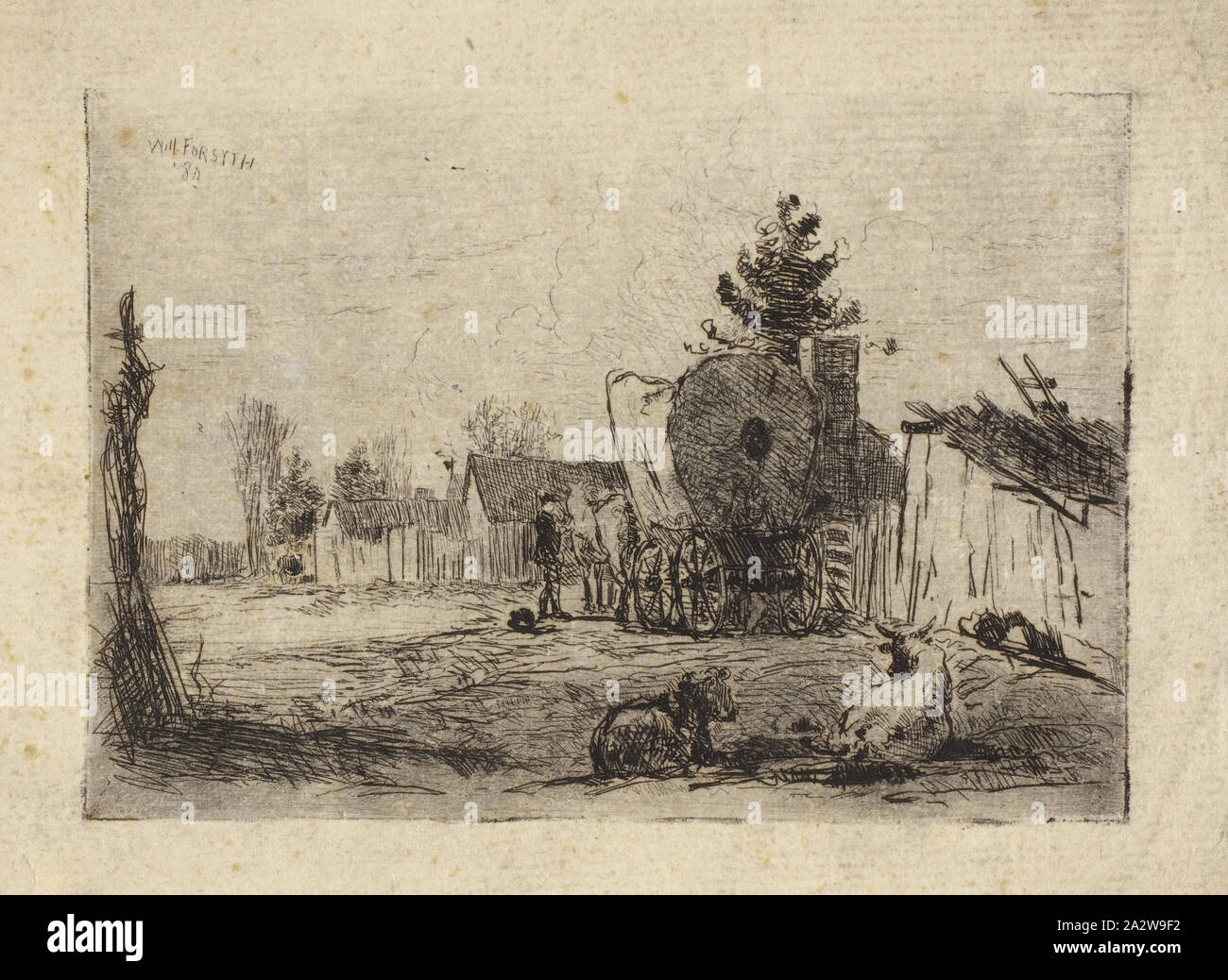 Village Street con il bestiame e carro coperto, William J. Forsyth, (American, 1854-1935), 1880, inchiostro su carta, attacco, 3-1/2 x 5 in. (Immagine) 4-3/8 x 6 in. (Foglio Foto Stock