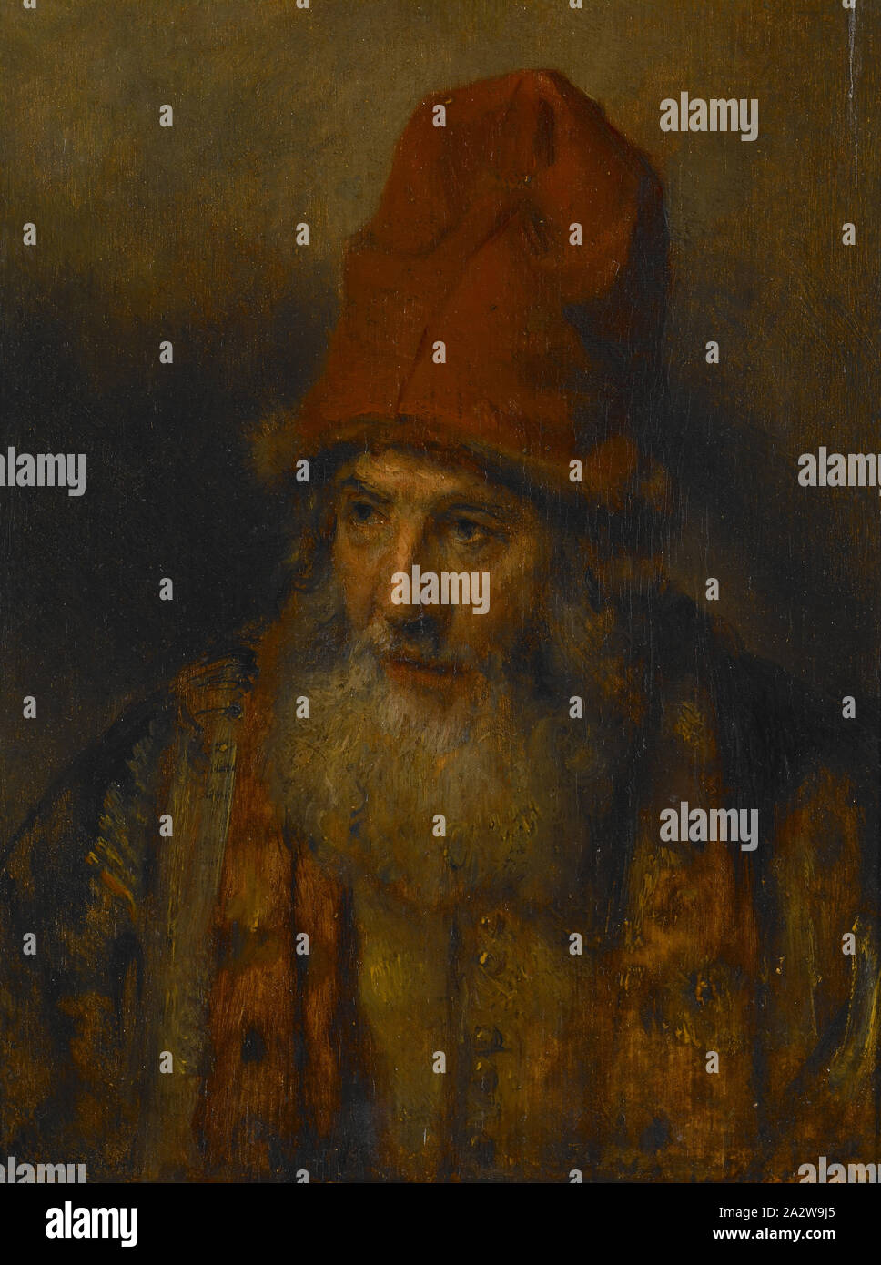 Uomo vecchio con un alto cappello Fur-Edged, seguace di Rembrandt van Rijn (Olandese, 1606-1669), olio su pannello, 9-3/4 x 7-1/2 in. (Pannello) 17-3/4 x 15-1/2 in. (Incorniciato), unione di pittura e scultura prima del 1800 Foto Stock