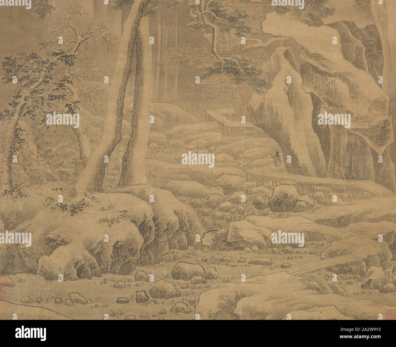 Gru e viaggiatore nel paesaggio invernale, scuola di Zhe (cinese), dinastia Ming, circa 1600, inchiostro su seta, 54 x 21,5/8 a. (Immagine) 107-3/4 x 27-7/8 in. (Mount), Arte Asiatica Foto Stock