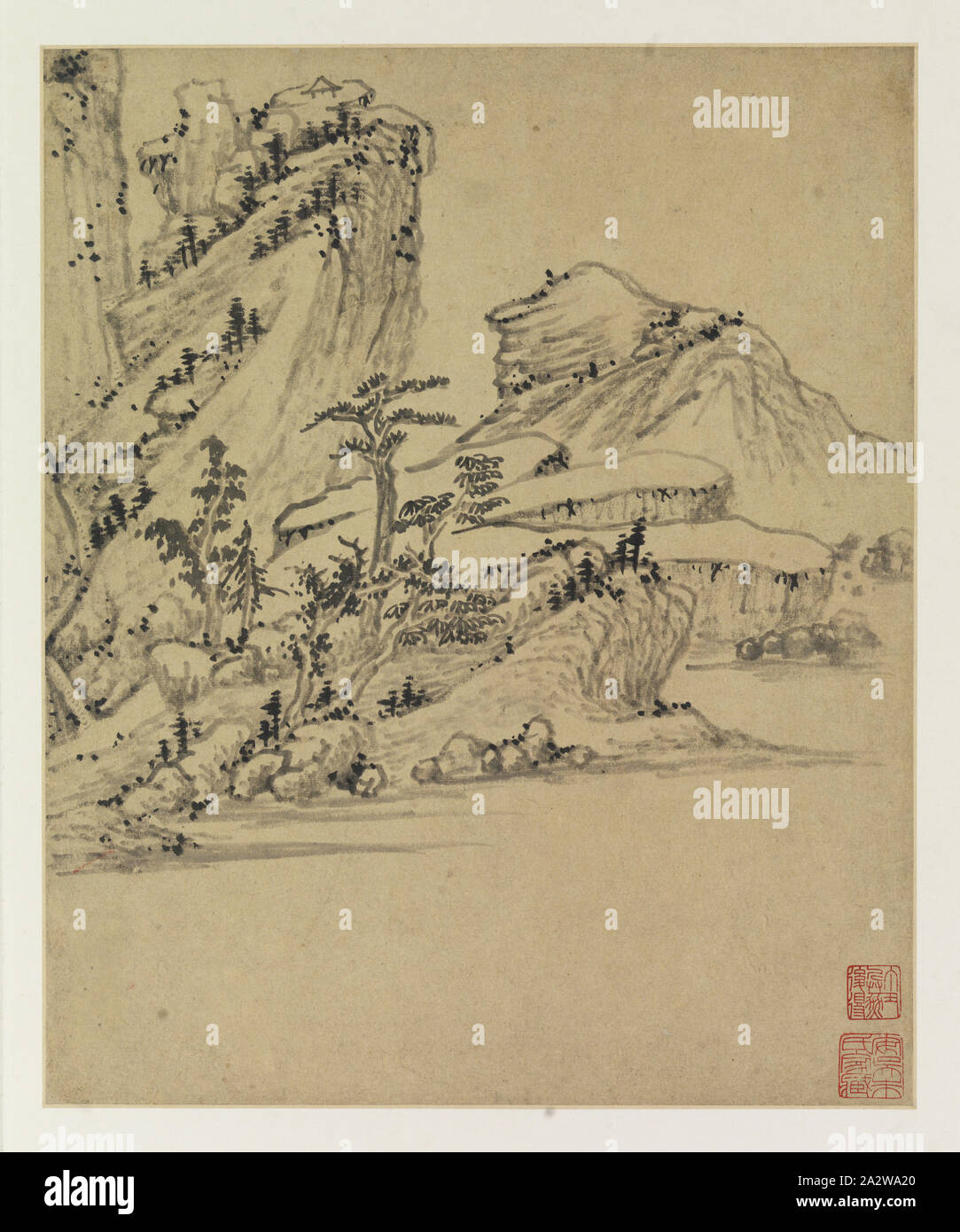 Album di dipinti di paesaggi, Yang Wencong (Cinese, 1597-1645), la dinastia Ming, periodo, Chongzhen 1644, inchiostro su carta, 11-7/8 x 9-3/4 in. (Immagine) 15-1/4 x 11-7/8 x 1-1/8 in. (Album) 15-1/4 x 23-5/8 x 1-1/8 in. (Installata), inscritto, firmata e datata: decimo mese lunare del 1644, dipinta in Duncun [DA] Yang Wencong di Jizhou Guarnizione: Wencong Guarnizione: Yang Bozi, Arte Asiatica Foto Stock