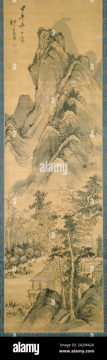 Studioso rilassante nel suo studio, Qi Zhijia (cinese), dinastia Qing, periodo, Shunzhi, 1654, inchiostro su seta, 58-7/8 x 17-5/8 in. (Immagine) 83-3/4 x 23-3/16 in. (Mount), Arte Asiatica Foto Stock