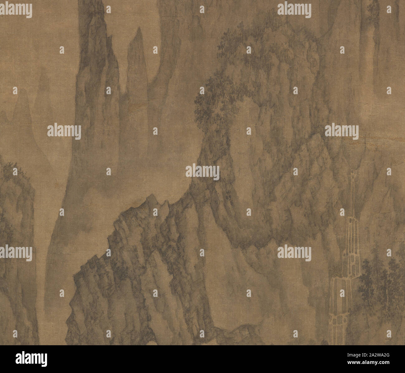 Un migliaio di picchi e di una miriade di anfratti, Wu Bin (cinese), dinastia Ming, periodo, Wanli, 1617, inchiostro su seta, 47-1/2 x 15-3/4 in. (Immagine) 87-3/4 x 21-13/16 in. (Generale), firmato: Zhiyin Wu Bin guarnizioni: Wu Bin zi yue Wenzhung; Yizhi qi, Arte Asiatica Foto Stock