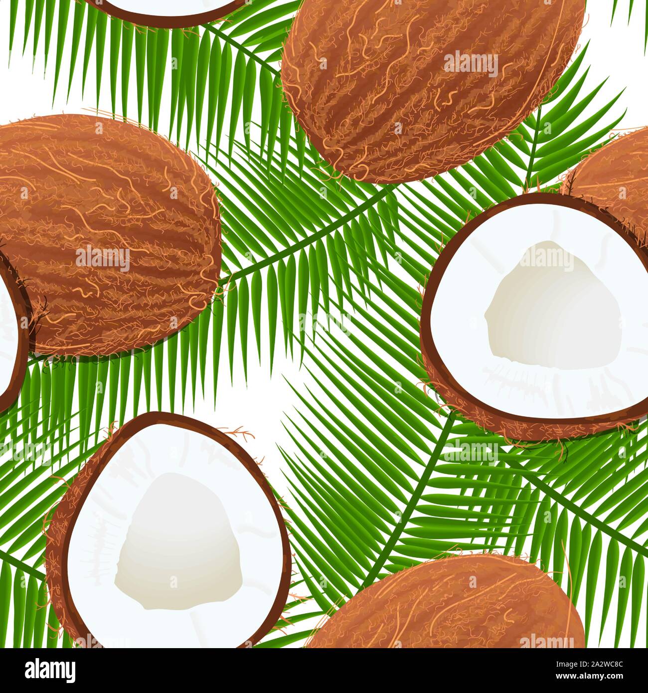 Tutta crepata e mature noci di cocco e foglie di palmo Seamless pattern. luogo di testo. Il modello di etichetta. Illustrazione Vettoriale