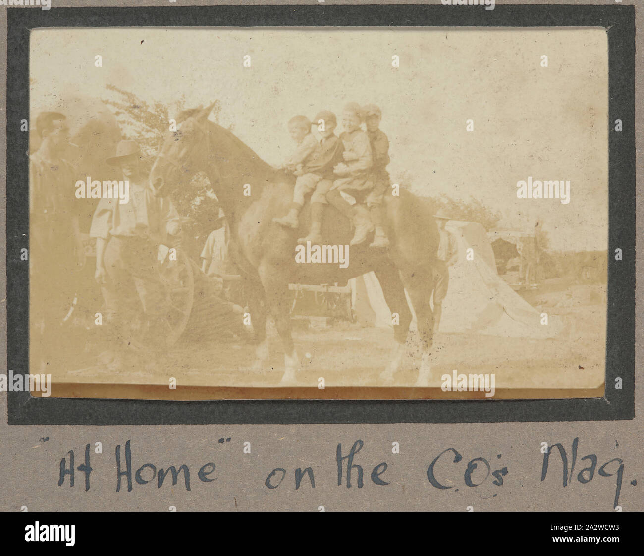 Fotografia - 'a casa sul CO Nag dell', Francia, sergente John Lord, guerra mondiale I, 1916-1917, la fotografia in bianco e nero che mostra un gruppo di quattro giovani ragazzi Francese sul retro di un ufficiale incaricato del cavallo della mentre una coppia di soldati australiani vigilare. Soldati alleati erano spesso che vi soggiornarono con locali famiglie francesi sul loro modo di e dalla prima fila. Questi sono probabilmente i figli di una di quelle famiglie Foto Stock