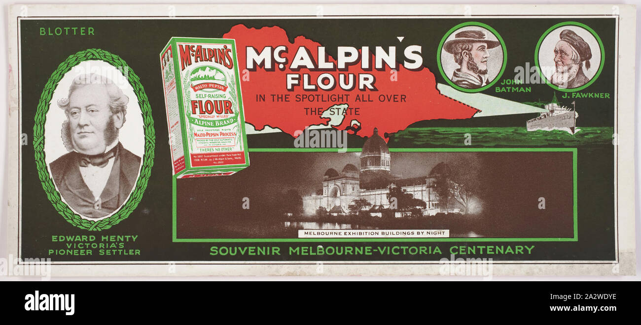 Blotter - McAlpin la farina, Souvenir Melbourne-Victoria centenario, 1934, Blotter prodotta da McAlpin la farina come un souvenir per il Melbourne - Victorian centenario nel 1934. È stato rilasciato dal produttore di farina J. McAlpin & Sons, i cui prodotti sono stati venduti sotto il marchio McAlpin Foto Stock