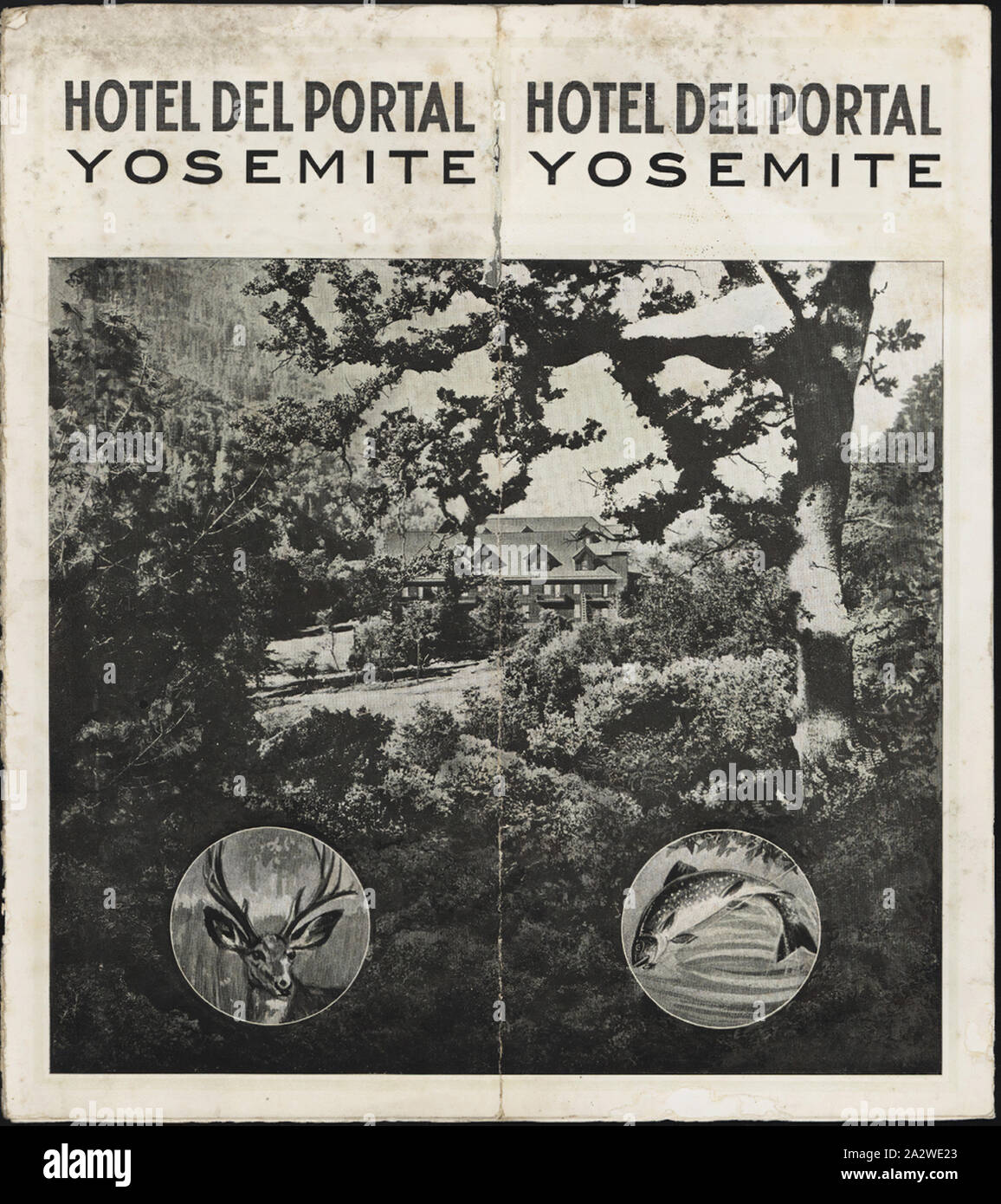 Opuscolo - " Hotel del Portal, Yosemite', California, U.S.A., 1911, 'Hotel del Portal, Yosemite" è un opuscolo pubblicato nel 1911 dall'Hotel del portale, il "Gateway" al Parco Nazionale di Yosemite in California, U.S.A. L'opuscolo fornisce informazioni di viaggio circa il Parco Nazionale di Yosemite nonché informazioni circa lo stesso hotel, pubblicizzato come "un luogo di bellezza abbastanza per il resto asilo, per gli amanti della natura e sportivi". Questo è uno dei circa ottanta opuscoli di viaggio, mappe Foto Stock