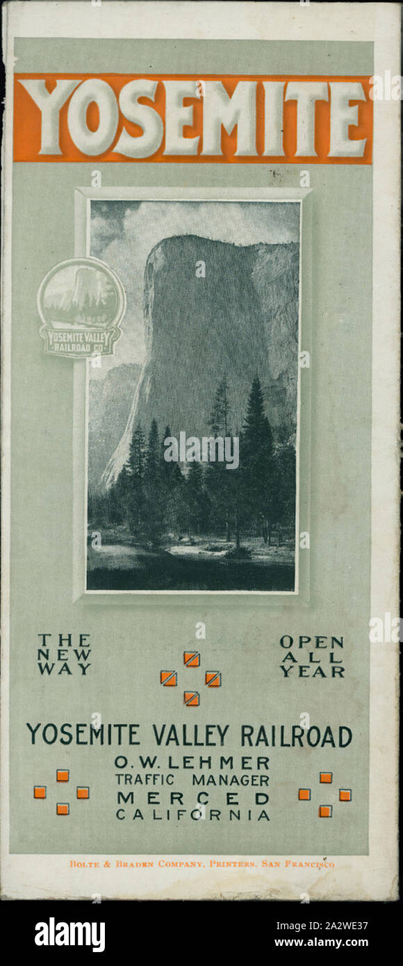 Opuscolo - "Yosemite, il nuovo modo', Merced, California, U.S.A., 1911, "Yosemite, il nuovo modo" è un opuscolo pubblicato da Yosemite Valley Railroad a Merced, California, U.S.A. nel 1911. Fornisce consigli per i viaggiatori in visita a Yosemite Valley, comprese le informazioni sui luoghi da visitare, hotel e camp tariffe, cosa indossare e orari ferroviari Foto Stock