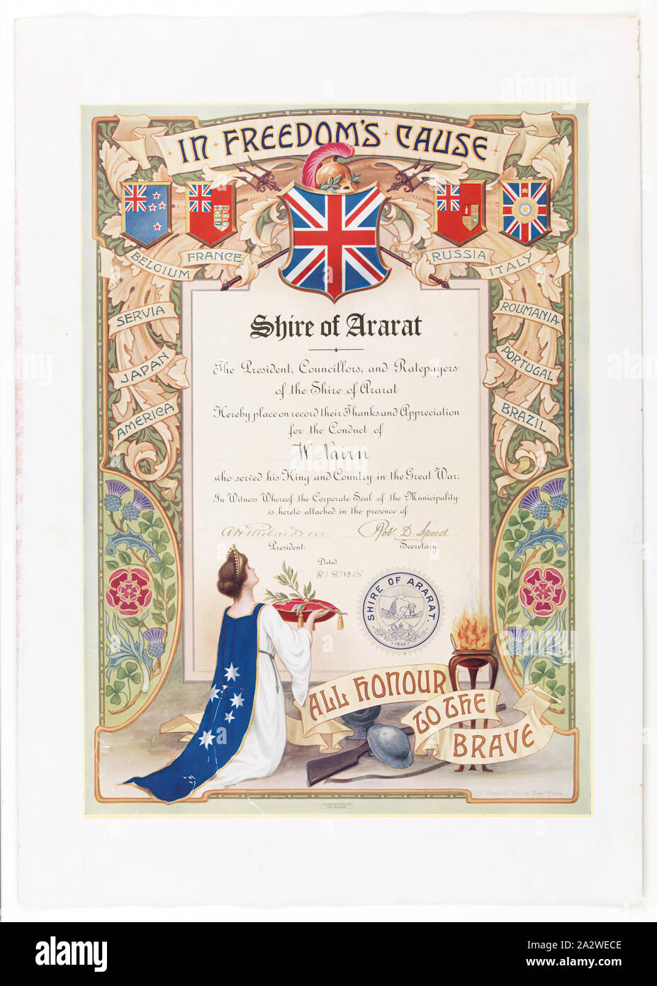 Certificato - W. Nairn, Shire di Ballarat, guerra mondiale I, 8 agosto 1918, certificato illuminato dal Shire di Ballarat commemora la I Guerra Mondiale il servizio privato di William Nairn, datata 8 agosto 1918. Nairn privato era stato ucciso il 4 luglio dello stesso anno Foto Stock