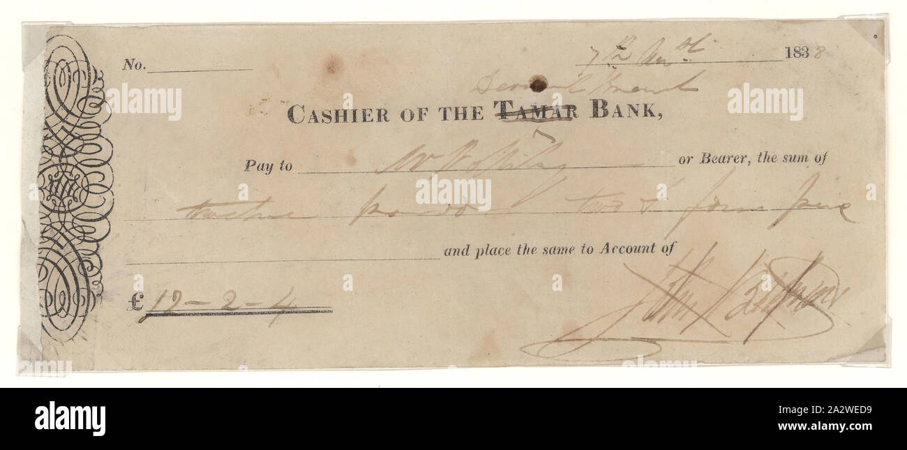 Controllare - 12 sterline 2 scellini 4 pence, John Batman, Derwent Bank, Australia, 7 agosto 1838, controllare per 12 libbra 2 scellini e 4 pence emesso da Giovanni Batman, Derwent Bank e intestato a [nome illeg.] o il portatore, 7 agosto 1838. Firmato da John Batman. Scritto sulla stampa Tamar assegno bancario; Tamar è stata barrata e Derwent Banca sopra scritto a mano Foto Stock
