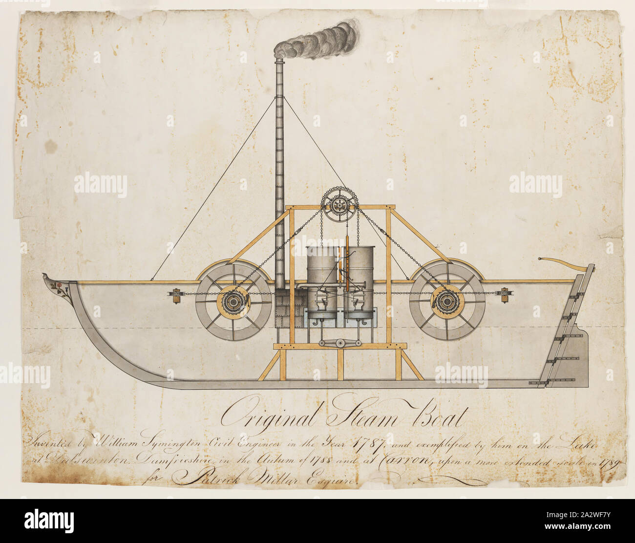 Disegno tecnico - William Symington, originale Steam Boat per Patrick Miller Esq, 1787-1788, inchiostro e acqua-colore disegno tecnico che illustra una sezione trasversale longitudinale in elevazione del primo paddlesteamer costruito dalla Scottish ingegnere e inventore, William Symington, C.E., con assistenza da James Taylor e altri, nel 1787-88. La nave è rappresentata in via sperimentale a vapore costruito di pedalò per Patrick Miller Esq., un prominente Edinburgh mercante e banchiere. In ritardo in 1787 Foto Stock