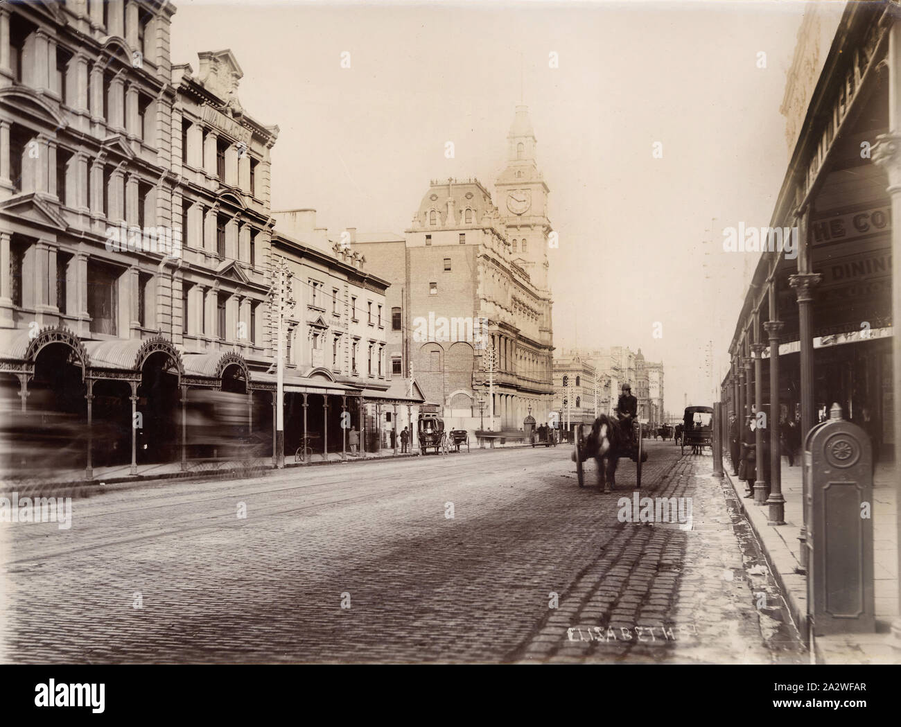 Fotografia - Elizabeth Street, Melbourne, Victoria, circa 1890, fotografia in bianco e nero di Elizabeth Street, Melbourne presi dallo studio di Nettleton & Arnest circa 1890. Questa fotografia è parte di una collezione di 47 fotografie di Melbourne presi nel tardo XIX secolo dal commerciale studio fotografico di Nettleton e Arnest. La collezione presenta significativi edifici di Melbourne e le strade che include la Casa del Parlamento, il Tesoro degli edifici Foto Stock