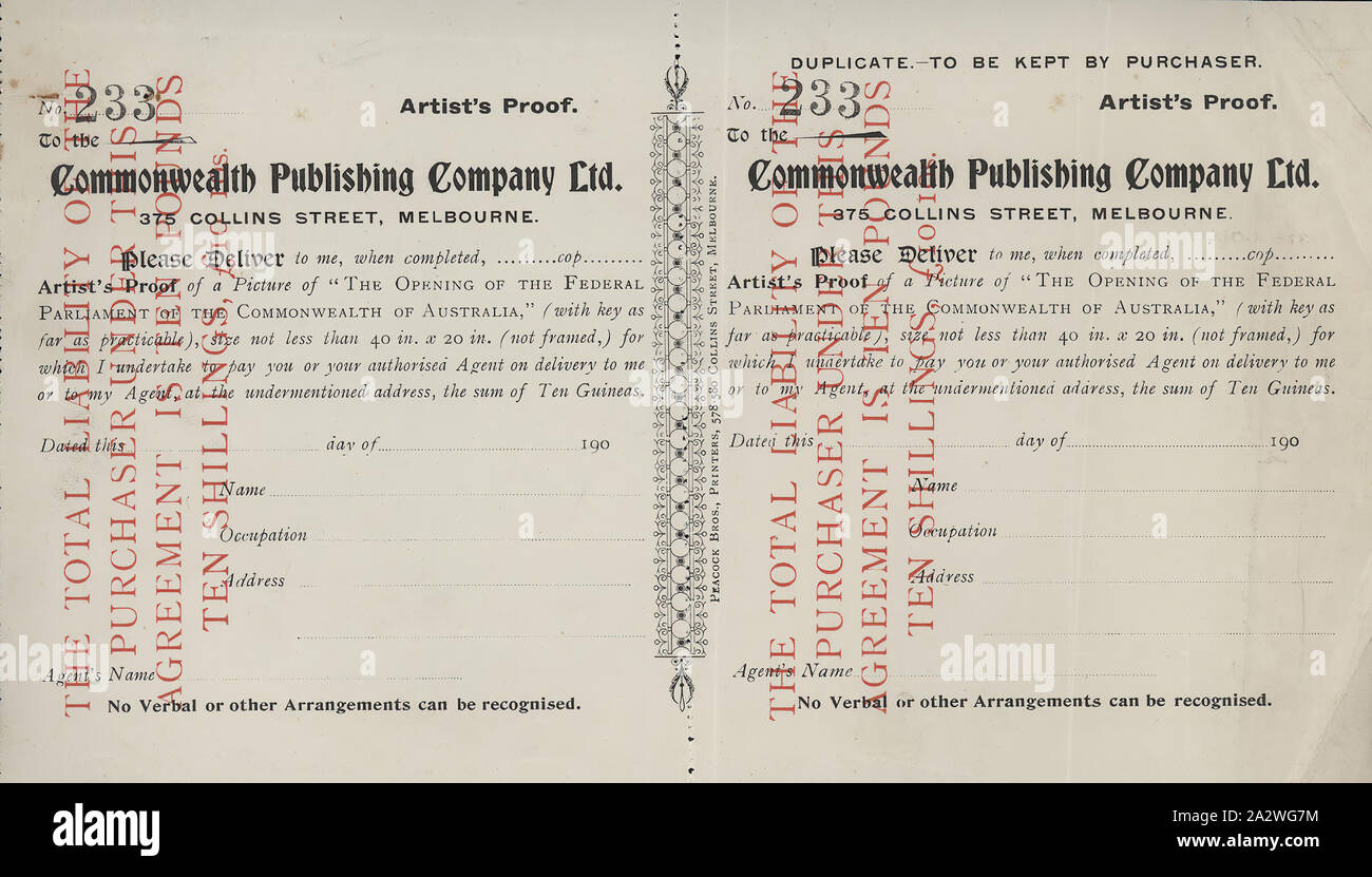 Modulo ordine - Artista della prova, Charles Nuttall 'l'apertura del parlamento federale del Commonwealth of Australia', Commonwealth Publishing Company, 1902, inutilizzato un Commonwealth Publishing Company modulo per una corsa limitata di 65 Prova di artista copie di Charles Nuttall 'l'apertura del parlamento federale del Commonwealth of Australia'. Ogni copia, che viene fornito con un 40 x 20 chiave per gli oltre 300 ritratti contenuta nella pittura, costo 10 Guinea. Charles Nuttall è stato commissionato dalla storica associazione immagine a dipingere l'apertura Foto Stock