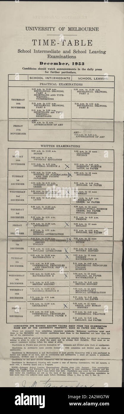 Calendario - Università di Melbourne, per lasciare la scuola & scuola esami intermedi, Dec 1953, Università di scuola di Melbourne intermedio e di lasciare la scuola calendario esami, dicembre 1953. Questo calendario è stato rilasciato per JM Lancaster e lo ha informato che i suoi esami sono stati che si terrà alla Fiera di edifici a Fitzroy. Soggetti sotto esame ha incluso la biologia, l'impero britannico la storia, la chimica principi commerciali, domestici scienza, economia, letteratura inglese, generale Foto Stock