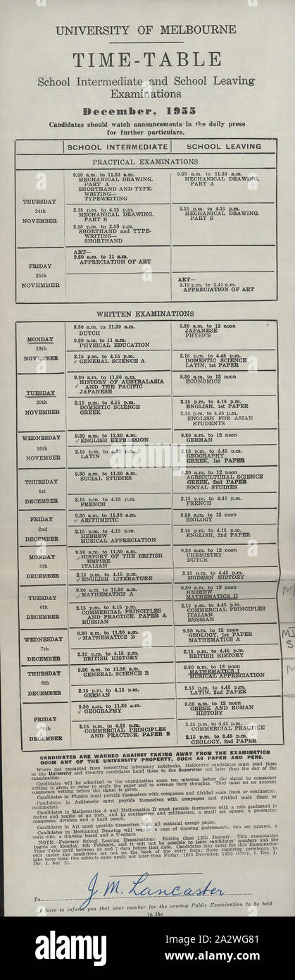 Calendario - 'Università di Melbourne, scuola intermedio e di lasciare la scuola " esami, Dec 1955, Università di scuola di Melbourne intermedio e di lasciare la scuola calendario esami, dicembre 1955. Questo calendario è stato rilasciato per JM Lancaster e lo ha informato che i suoi esami sono stati che si terrà alla Fiera di edifici a Fitzroy. Soggetti sotto esame ha incluso la biologia, l'impero britannico la storia, la chimica principi commerciali, domestici scienza, economia, letteratura inglese, generale Foto Stock