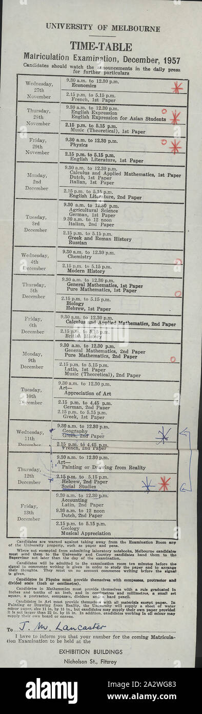 Calendario - Università di Melbourne, la matricola esame, Dec 1957, un calendario per l'Università di Melbourne la matricola esami, dicembre 1957. Questo calendario è stato rilasciato per JM Lancaster e lo ha informato che i suoi esami sono stati che si terrà alla Fiera di edifici a Fitzroy. Soggetti sotto esame incluso economia, espressione inglese, moderno e storia inglese e matematica. Molte lingue (es Olandese, Tedesco, Greco e Latino) sono state esaminate con entrambi Foto Stock