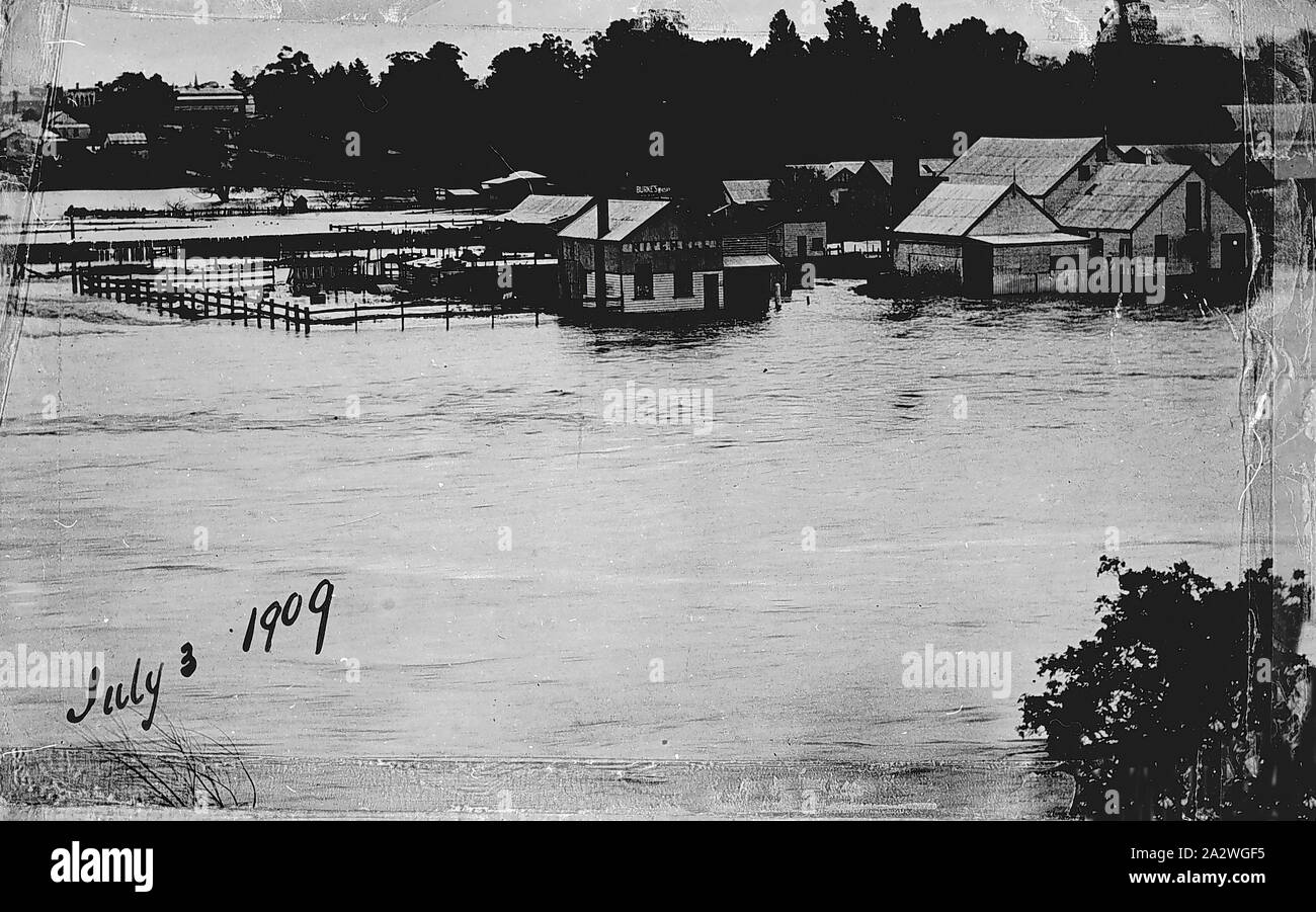 Negativo - Bairnsdale, Victoria, Lug 1909, acque alluvionali nelle strade di Bairnsdale Foto Stock