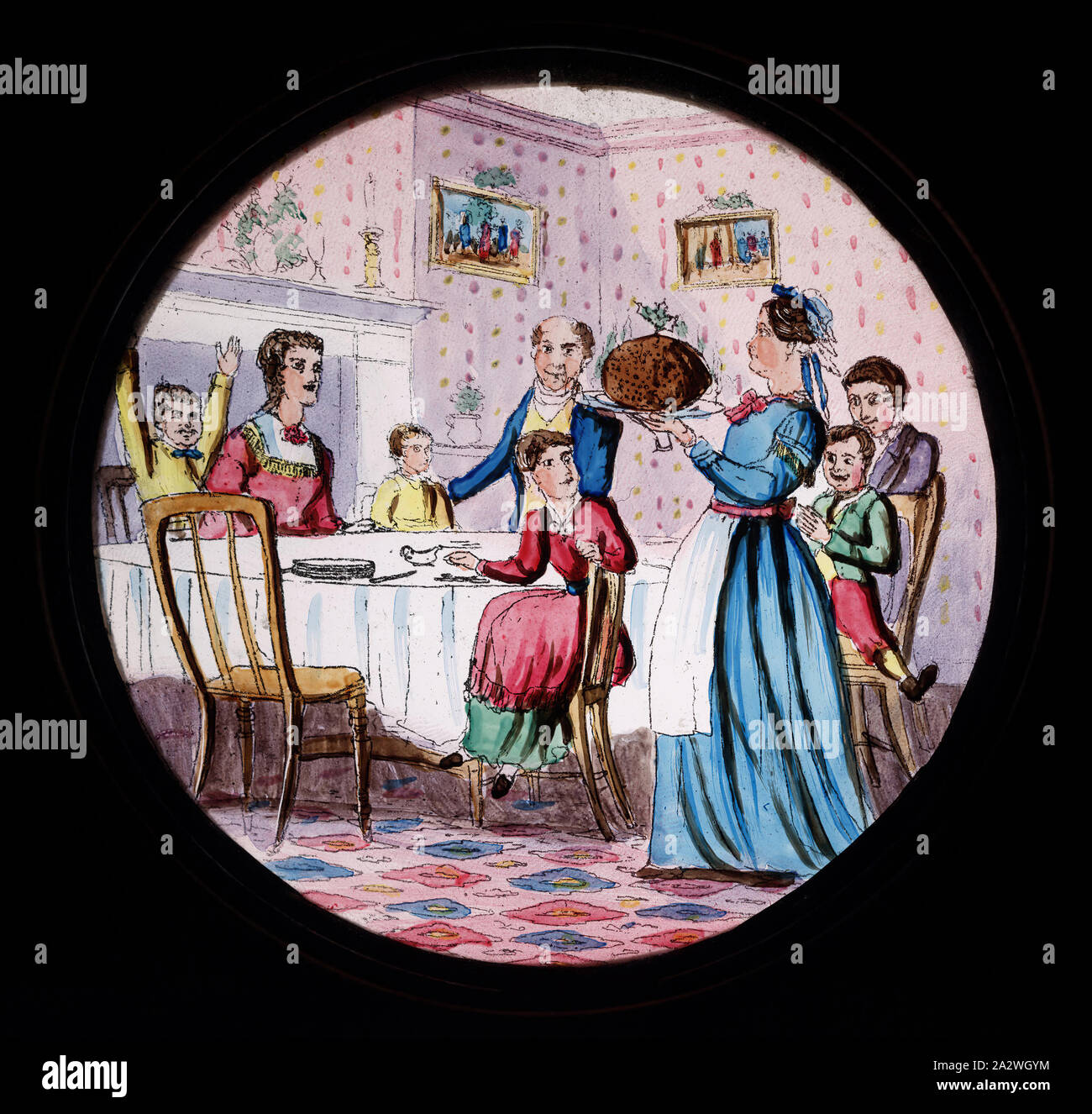 Lantern Slide - A Christmas Carol, 'Bob Cratchit la cena di Natale", 1843-1880, uno in una serie del XIX secolo lantern slide che illustra Charles Dicken's story "A Christmas Carol". "A Christmas Carol" è una novella inglese autore Charles Dickens. Esso è stato pubblicato per la prima volta da Chapman e Hall il 19 dicembre 1843. La storia narra di aspro e avaro Ebenezer Scrooge ideologica dell, etiche ed emotivo di trasformazione dopo il soprannaturale delle apparizioni di Giacobbe Marley Foto Stock