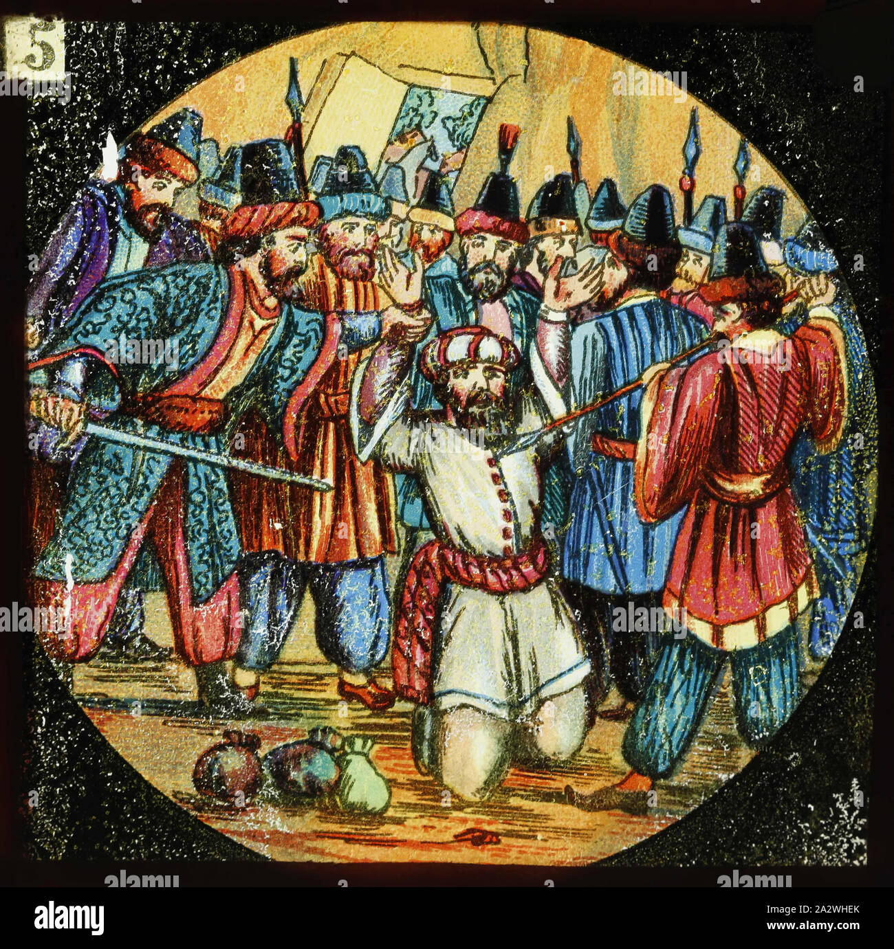 Lantern Slide - Ali Baba e i quaranta ladri, No. 5, 1900-1920, nome alternativo(s); i bambini nel suo scorrimento; Magic Lantern Slide diapositiva numero 5 da una serie di dodici lantern slide raffigurante una storia per bambini con tema arabo. pre-apparecchiatura cinematografica e ephemera australiane e governi vittoriano nel 1975. Film e archivio sonoro della British Foto Stock