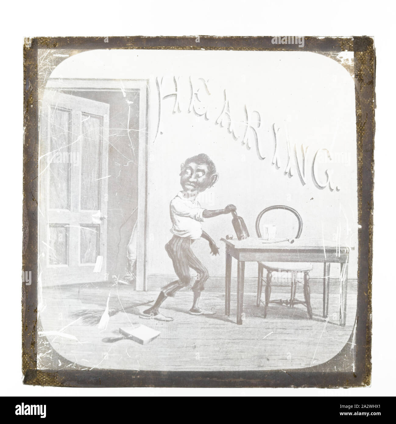 Lantern Slide - "Audizione", 1900-1950, uno di una serie di inizio del XX secolo la narrazione lantern slide. pre-apparecchiatura cinematografica e ephemera australiane e governi vittoriano nel 1975. co-fondatore del Museo dell'immagine in movimento in Londra Foto Stock