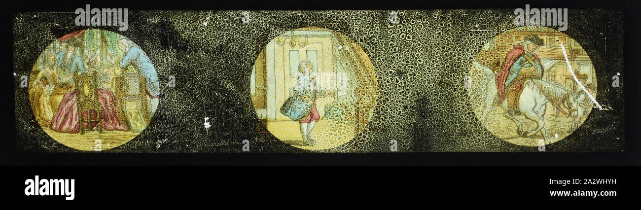 Lantern Slide - Panorama in Miniatura Formato immagine multipli, 'John Gilpin' Serie, scene di interni, circa 1860-1920, nome alternativo(s): i bambini nel suo scorrimento; Panorama Magic Lantern Slide lanterna di questa diapositiva è parte di una serie che racconta la storia di John Gilpin. Impostare in Inghilterra, la poesia "la storia di deviazione di John Gilpin; che mostra come è andato più lontano che egli ha inteso e sicuro è venuto di nuovo a casa" è stato scritto da William Cowper e pubblicato per la prima volta nel 1782 Foto Stock