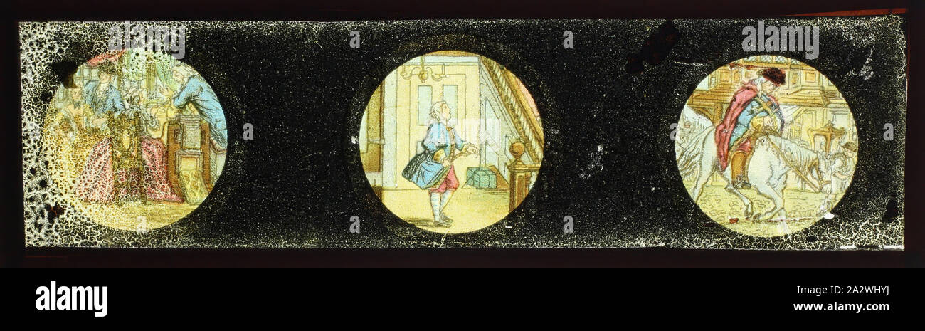 Lantern Slide - Panorama in Miniatura Formato immagine multipli, 'John Gilpin' Serie, scene di interni, circa 1860-1920, nome alternativo(s): i bambini nel suo scorrimento; Panorama Magic Lantern Slide lanterna di questa diapositiva è parte di una serie che racconta la storia di John Gilpin. Impostare in Inghilterra, la poesia "la storia di deviazione di John Gilpin; che mostra come è andato più lontano che egli ha inteso e sicuro è venuto di nuovo a casa" è stato scritto da William Cowper e pubblicato per la prima volta nel 1782 Foto Stock