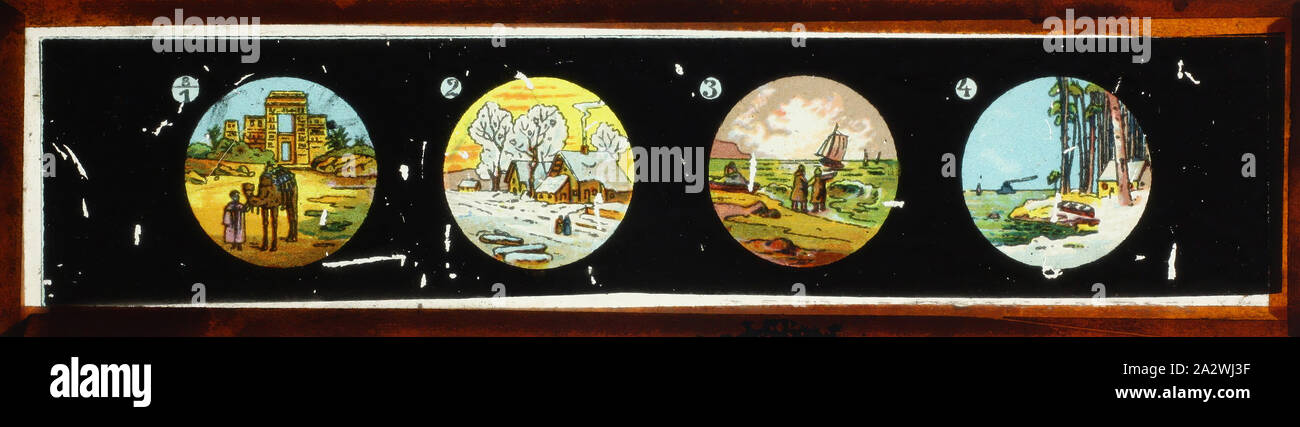 Lantern Slide - Panorama in Miniatura Formato immagine multipli, paesaggi, circa 1860-1920, nome alternativo(s): i bambini nel suo scorrimento; Panorama Magic Lantern Slide fa parte di una serie di tre diapositive di immagini raffiguranti paesaggi da tutto il mondo. pre-apparecchiatura cinematografica e ephemera australiane e governi vittoriano nel 1975. Il British Foto Stock