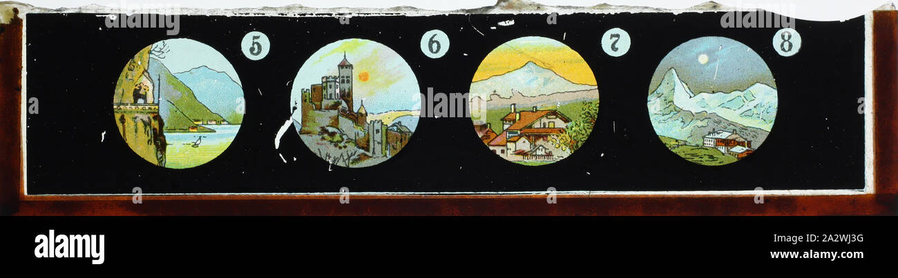 Lantern Slide - Panorama in Miniatura Formato immagine multipli, paesaggi, circa 1860-1920, nome alternativo(s): i bambini nel suo scorrimento; Panorama Magic Lantern Slide fa parte di una serie di tre diapositive di immagini raffiguranti paesaggi da tutto il mondo. pre-apparecchiatura cinematografica e ephemera australiane e governi vittoriano nel 1975. Il British Foto Stock