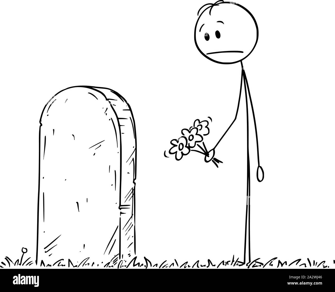 Vector cartoon stick figura disegno illustrazione concettuale del triste uomo con fiore in visita tomba il cimitero. Illustrazione Vettoriale