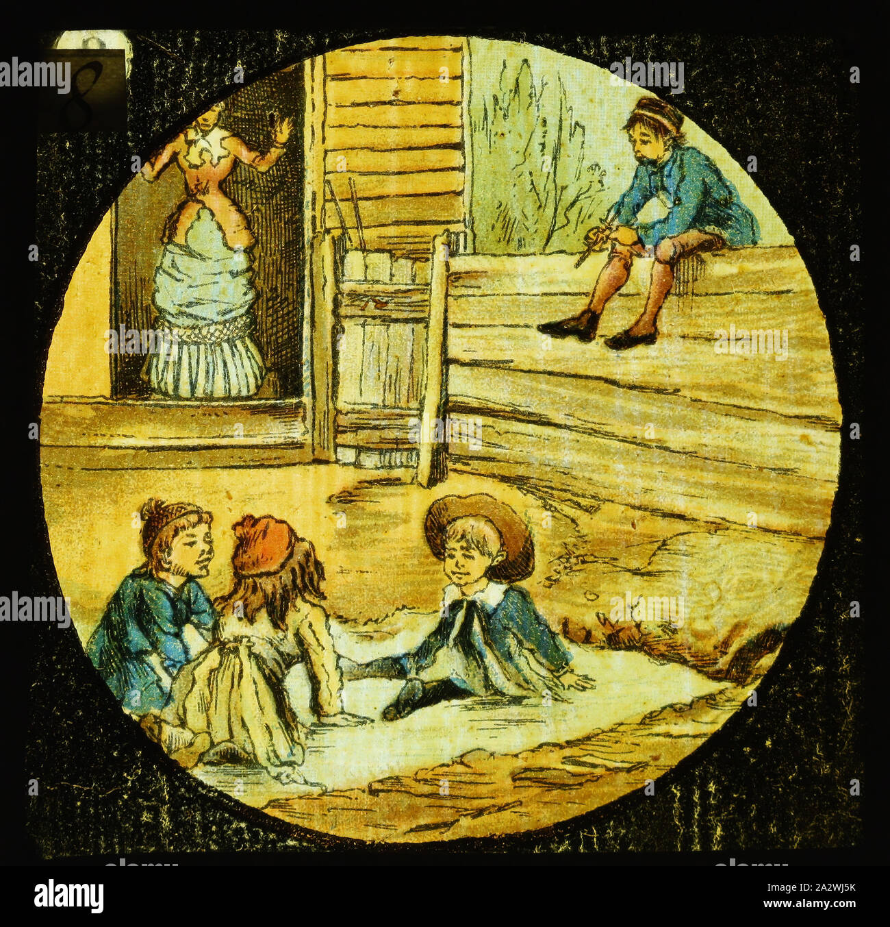 Lantern Slide - 'Mischievous Tommy', n. 8, 1860-1900, con il numero 8 in una serie di dodici lantern slide raffigurante la storia per bambini intitolato "ischievous Tommy'. Questo set di lantern slide fanno parte della collezione di Francesco di pre-apparecchiatura cinematografica e ephemera australiane e governi vittoriano nel 1975. il co-fondatore di Foto Stock