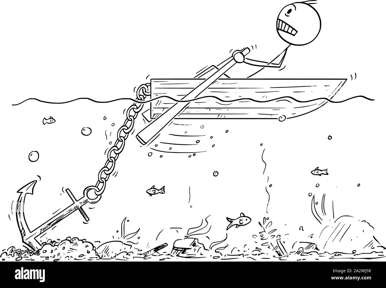 Vector cartoon stick figura disegno illustrazione concettuale dell'uomo o imprenditore remare duro su una piccola imbarcazione, ma non lo spostamento a causa della grossa ancora bloccato sul fondale. Illustrazione Vettoriale