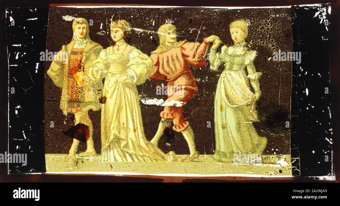 Lantern Slide - Coppie danzanti, 1860-1920, nome alternativo(s); i bambini nel suo scorrimento; Magic Lantern Slide lantern slide raffiguranti coppie danzanti. Esso può essere stato indicato per bambini di età superiore o gli adulti. Il suo contesto è sconosciuto. pre-apparecchiatura cinematografica e ephemera australiane e governi vittoriano nel 1975. e archivio sonoro Foto Stock