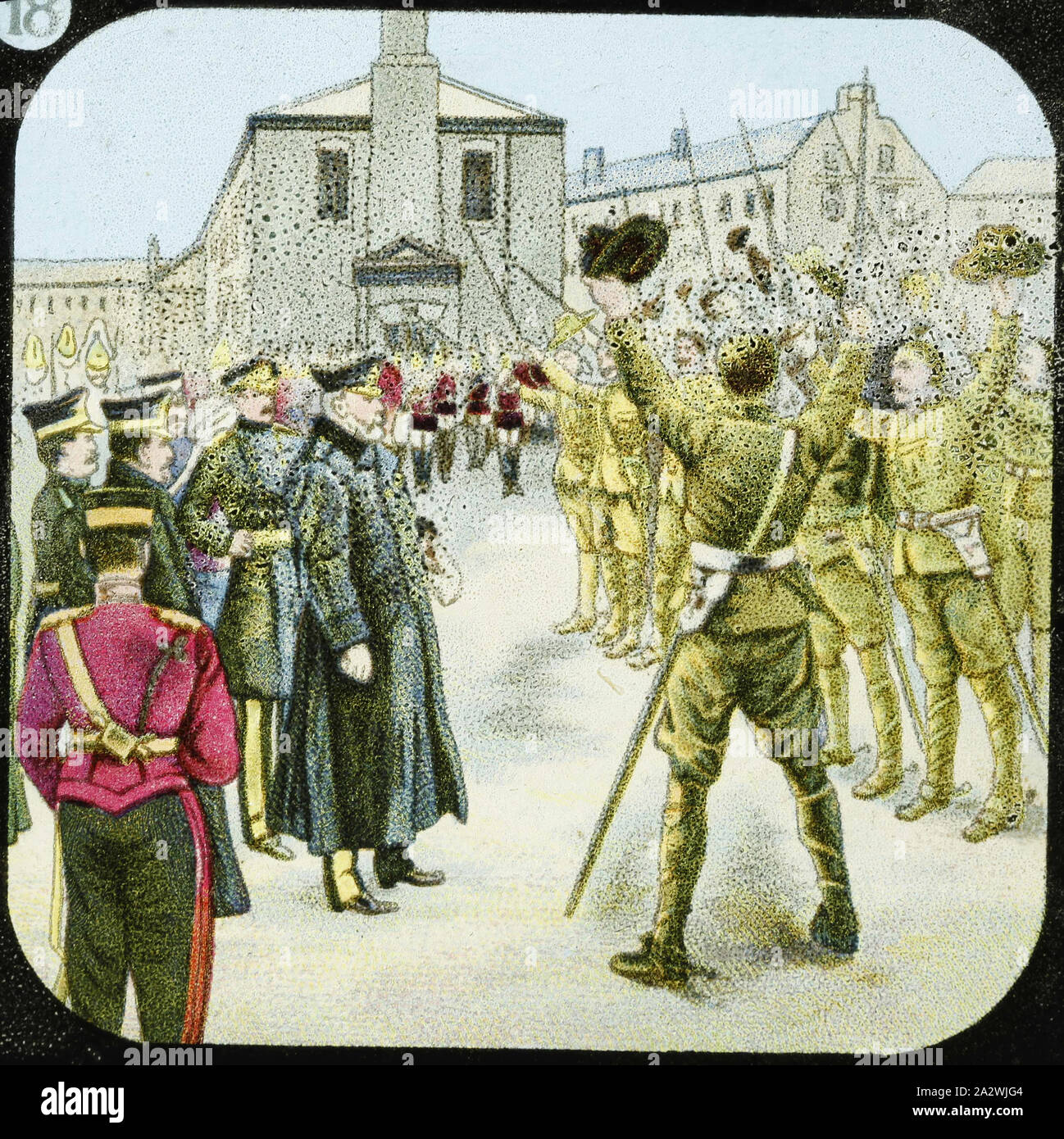 Lantern Slide - soldati celebrando, 1885-1920, Lanterna diapositiva che mostra due gruppi di soldati in uniformi differenti. Esso può pre-data la guerra mondiale I. Le figure a destra sono probabilmente Australian AIF, basato in parte sul piombo figura che sembra essere in possesso di un Slouch cappello in mano sinistra (l'Slouch cappello era già in uso da parte di forze australiano dal mid-1880s). Le figure nel retro in pantaloni bianchi e rossi appaiono le tuniche da indossare Foto Stock