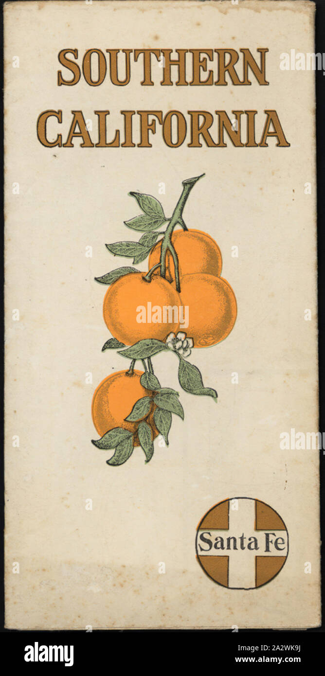 Foglio illustrativo - "Southern California', Sante Fe, California, U.S.A., 1911, "Southern California', rilasciati da Sante Fe ferrovia in California, Stati Uniti nel 1911, fornisce informazioni circa la storia, la geografia e le industrie del Sud della California Foto Stock