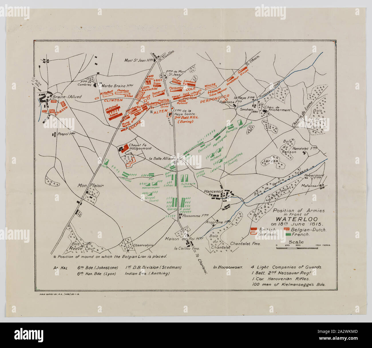 Mappa - Posizione di eserciti di fronte a Waterloo, 18 giu 1815, indagine di campo 25 Gen 1919, Mappa raffigurante la posizione di eserciti di fronte a Waterloo il 18 giugno 1815. Parte di una serie di informazioni circa la campagna di Waterloo, 1815, comprendente tre mappe, due memo e due tavole, inviato dalla sede della quarta divisione australiana, a diverse delle sue unità, il 15 e 16 marzo 1919, poco dopo la Prima Guerra Mondiale le mappe rappresentano la battaglia di QUATRE BRAS, 16 giugno 1815; posizione degli eserciti Foto Stock
